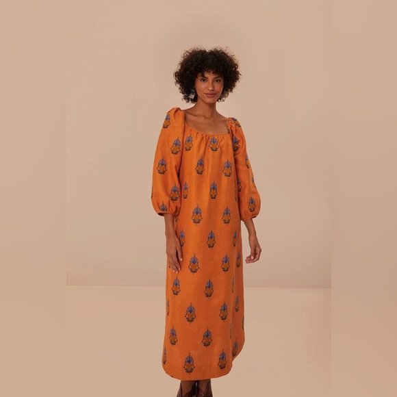 NWT Farm Rio Orange Embroidered Midi Dress - Pineapple’s - Size Large - Picture 3 of 16